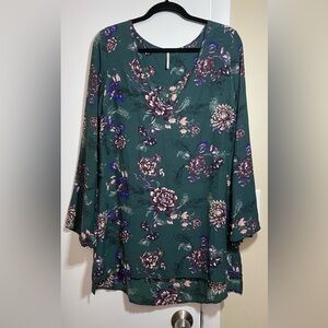 Free People Green Floral Long Sleeve V Neck Tunic Dress Size Small